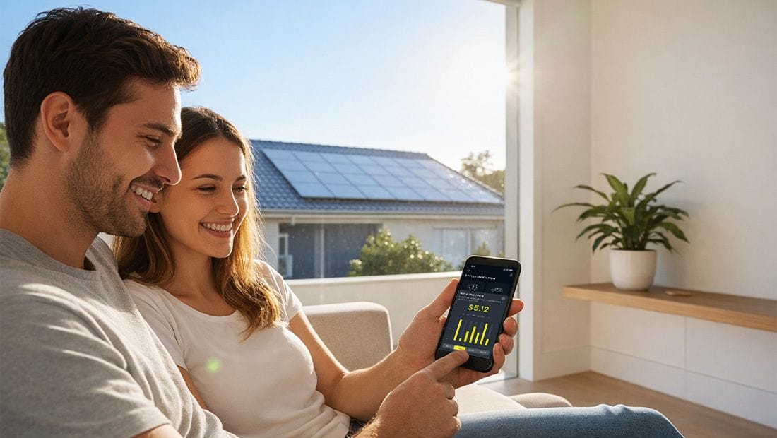 Man and woman sitting on couch looking at dcbel app