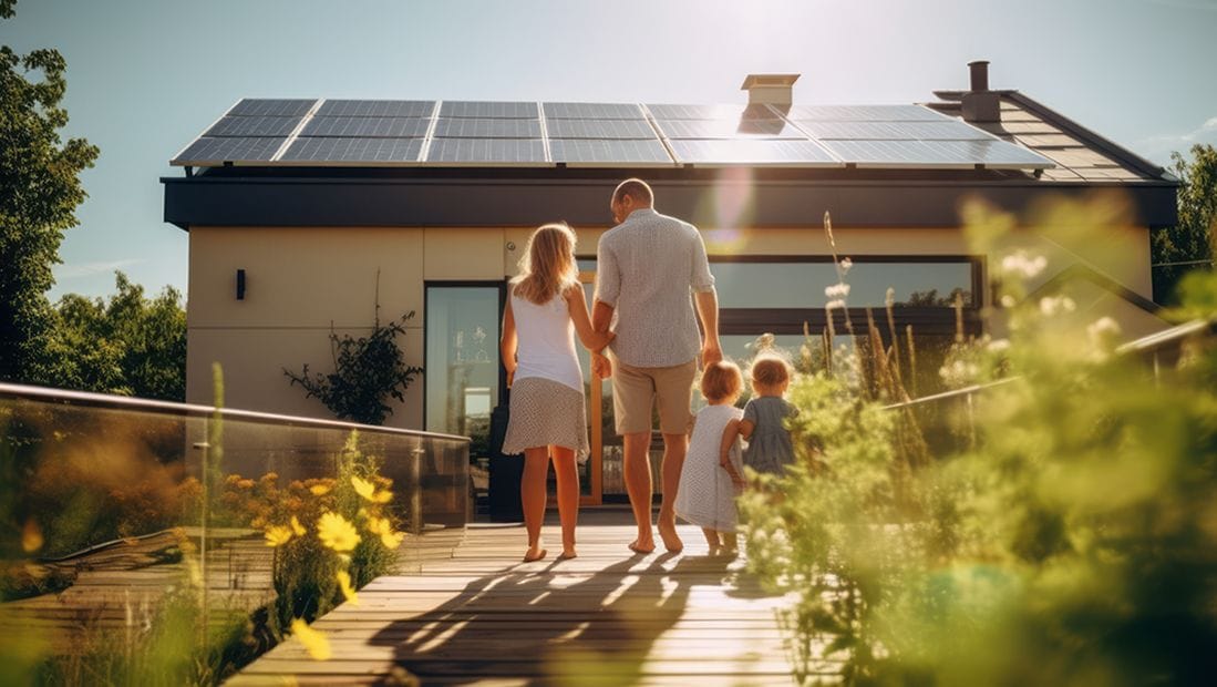 Family of 4 walking toward a house with solar panels