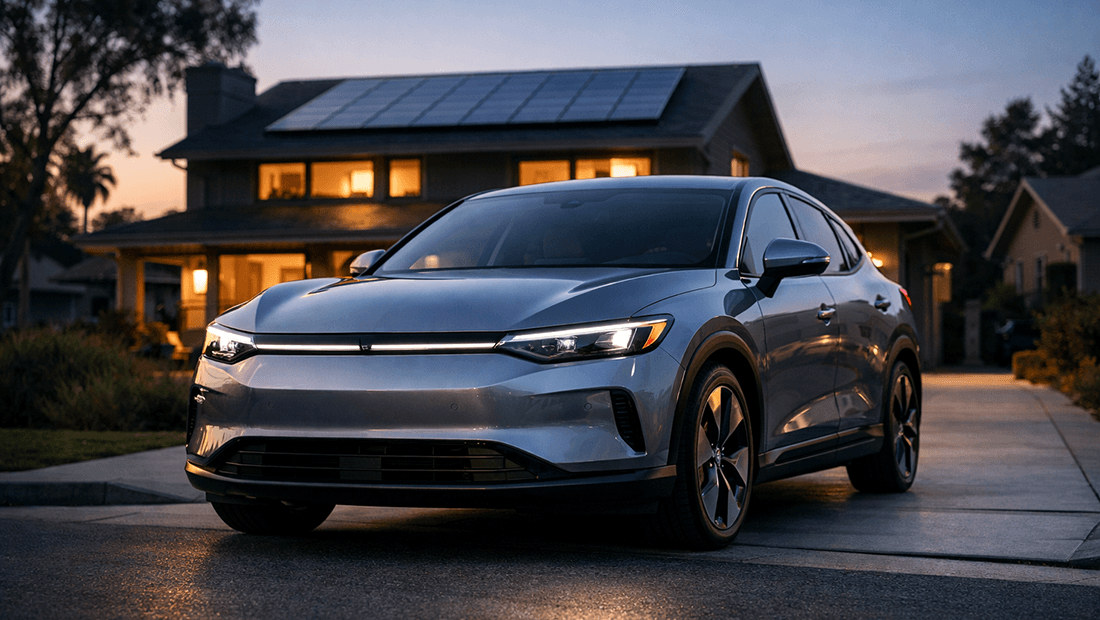 Car parked in front of solar-paneled house